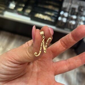 Real 10K Yellow Gold N initial Pendant Charm 1” inch